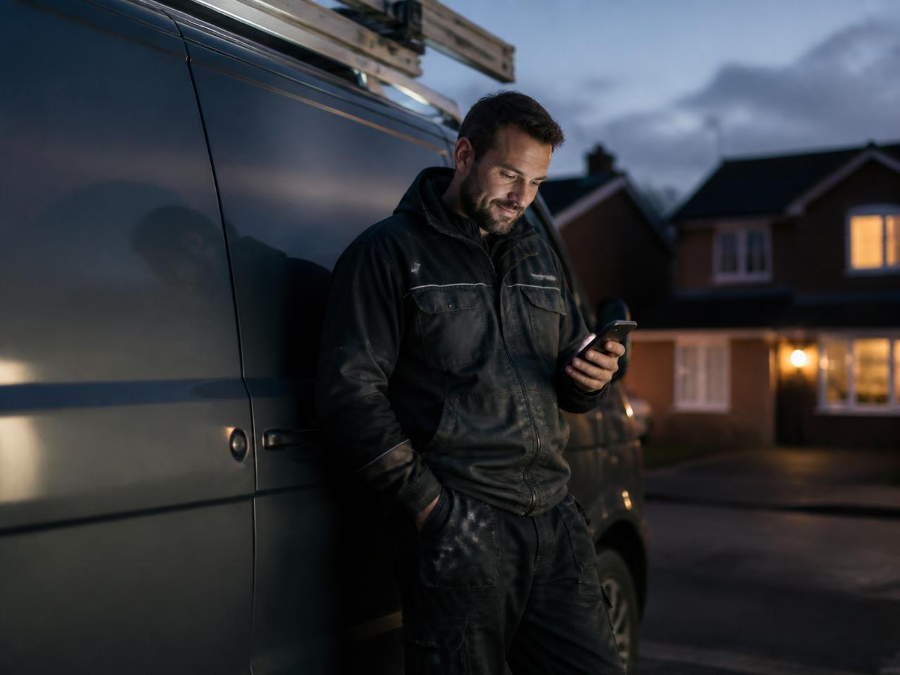 Owner of a UK service business beside his van, seeing a new enquiry arrive on his phone