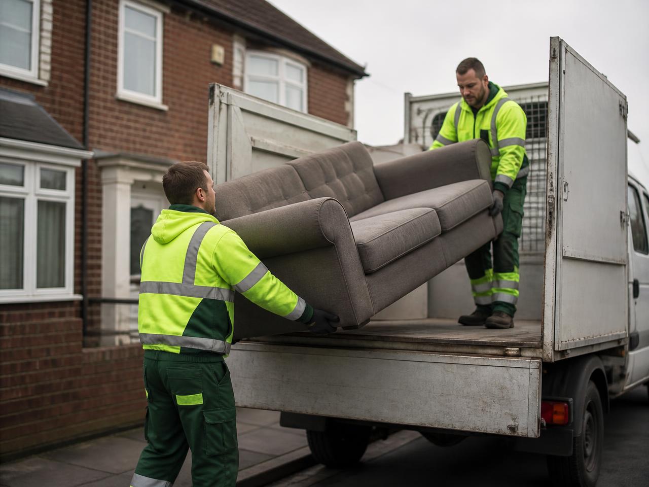 Waste clearance crew loading a sofa into a tipper van outside a UK home